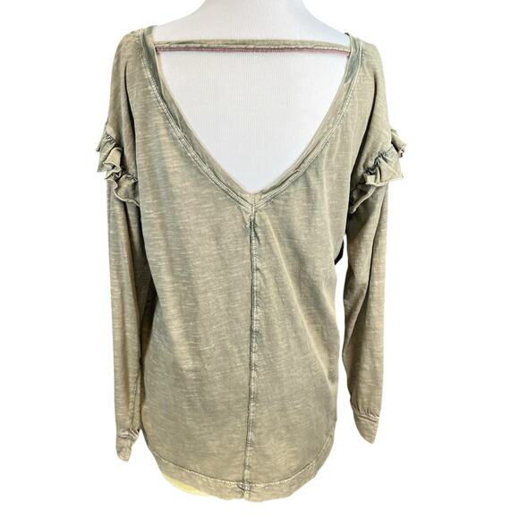 Pilcro Anthropologie Women’s Olive Wash Ruffled Sleeve‎ Open Back Long Sleeve S - Picture 2 of 7